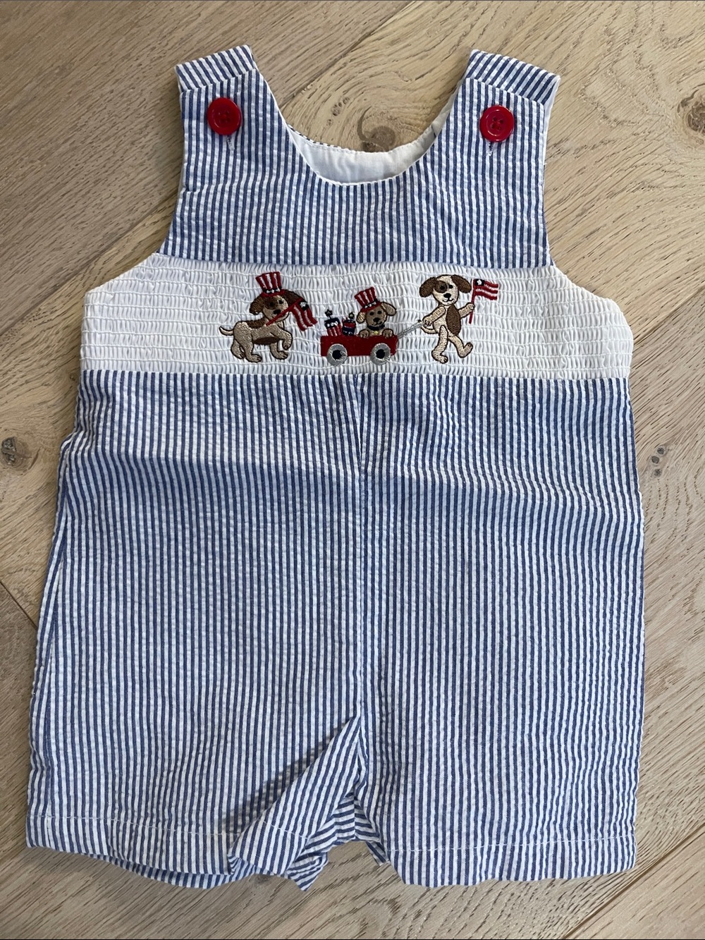 Good Lad Blue & White Seersucker Smocked Romper With Patriotic Motifs 6 Months